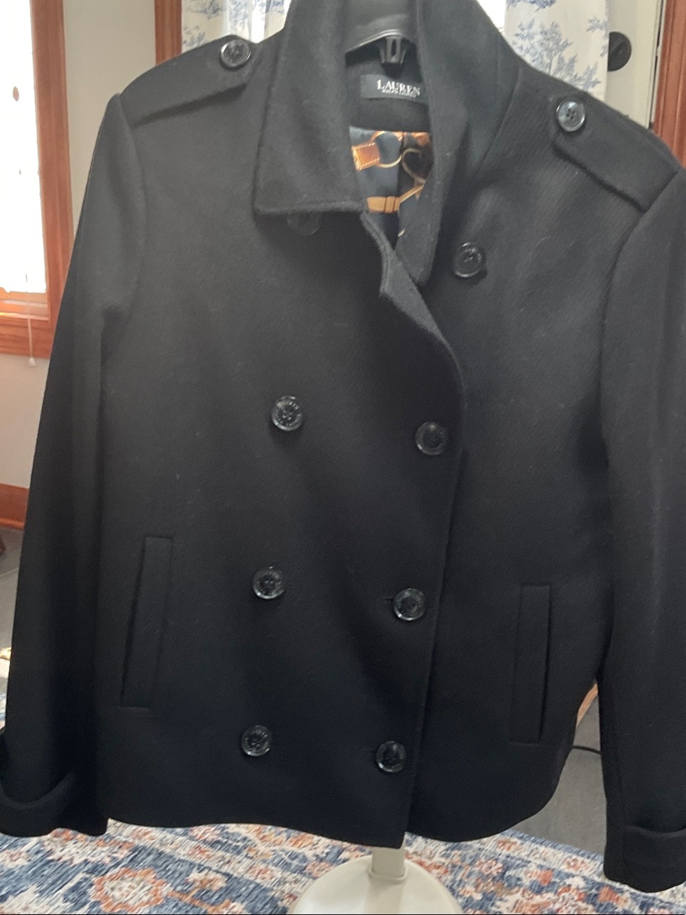 Lauren Ralph Lauren Black Double-Breasted cropped Pea Coat with Epaulets